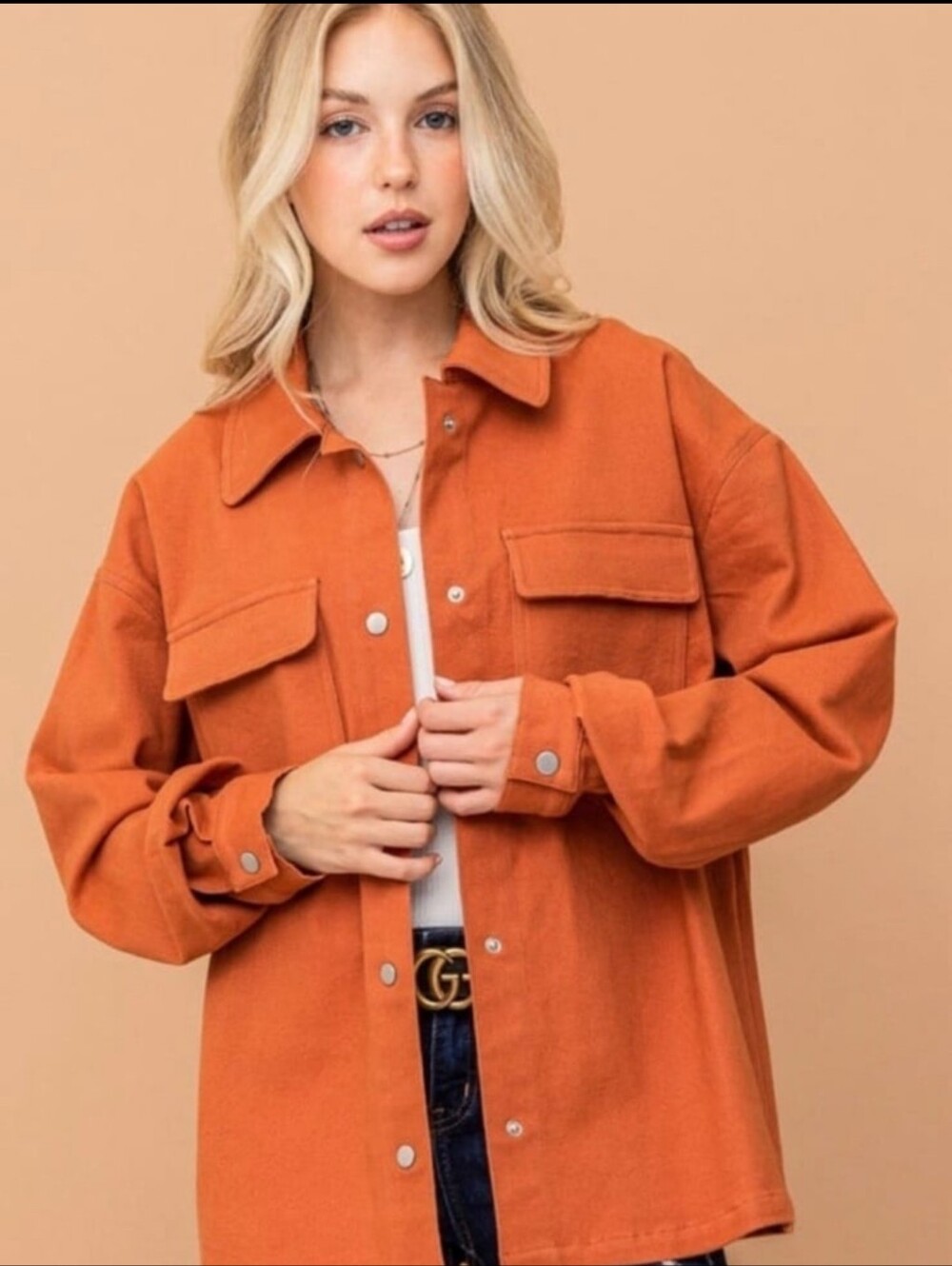 ANDTHEWHY Orange Shacket with peace sign and Snap Front